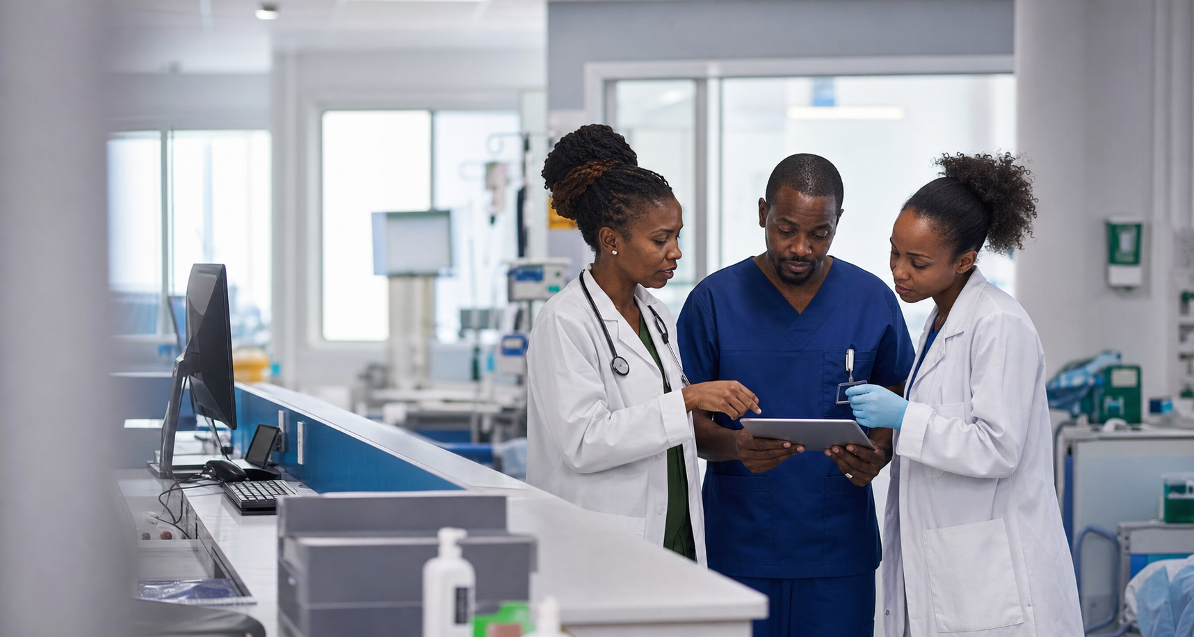 A multidisciplinary African hospital team reviewing care information together